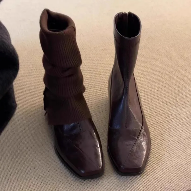 

Женские короткие ботинки с квадратным носком на низком каблуке и молнии, уличные кожаные удобные ботинки, модные женские ботинки