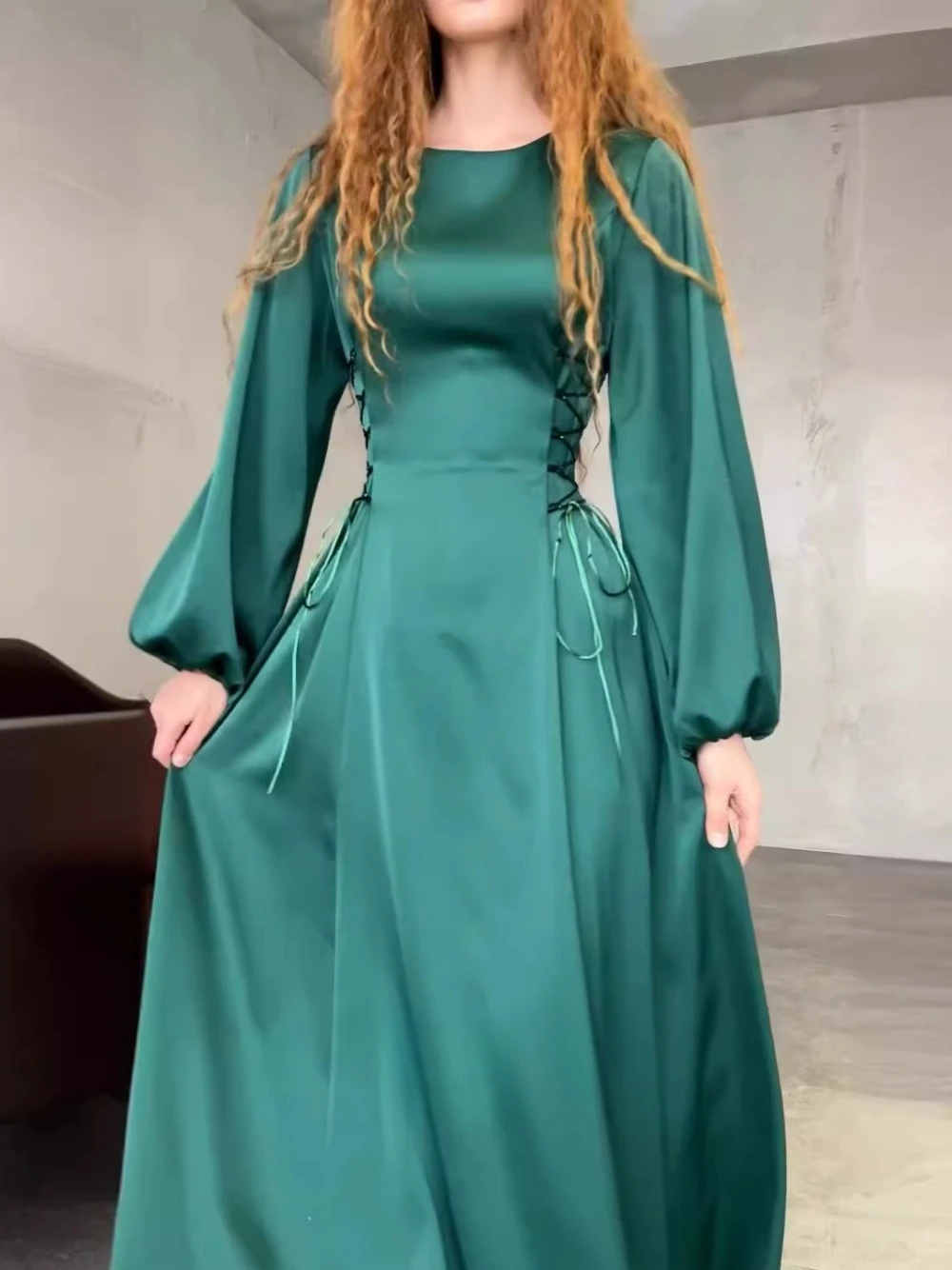 Graceful Fitted Waist Satin Evening Dress Simple A Line Chic Lace Up Party Women Wear O Neck Puff Sleeves Formal Dancing Gown