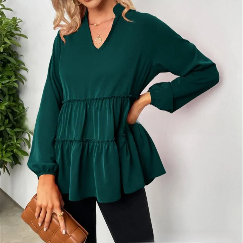 エレ レディース プリーツ フリル裾 イルト ルーズフィット ロングスリーブ ポリエステル繊維 変形しない レギュラー 薄手 秋シーズン