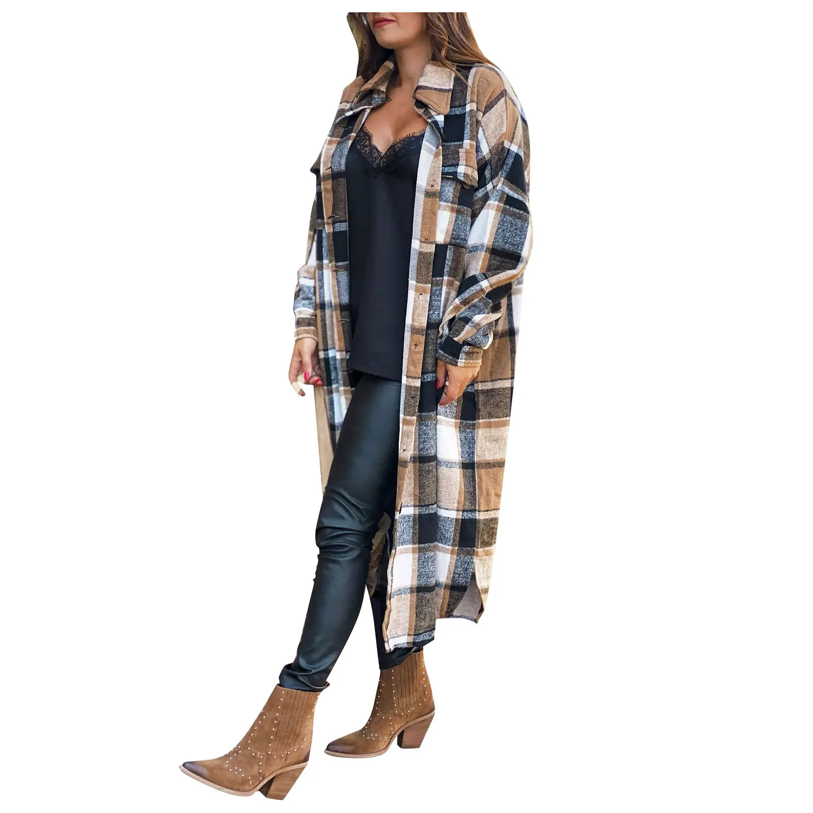 Plus Size Autumn Winter Ladies Plaid Coat Medium Length Side Opening Bag Style Fashionable Flip Collar Coat Street Trend Jacket