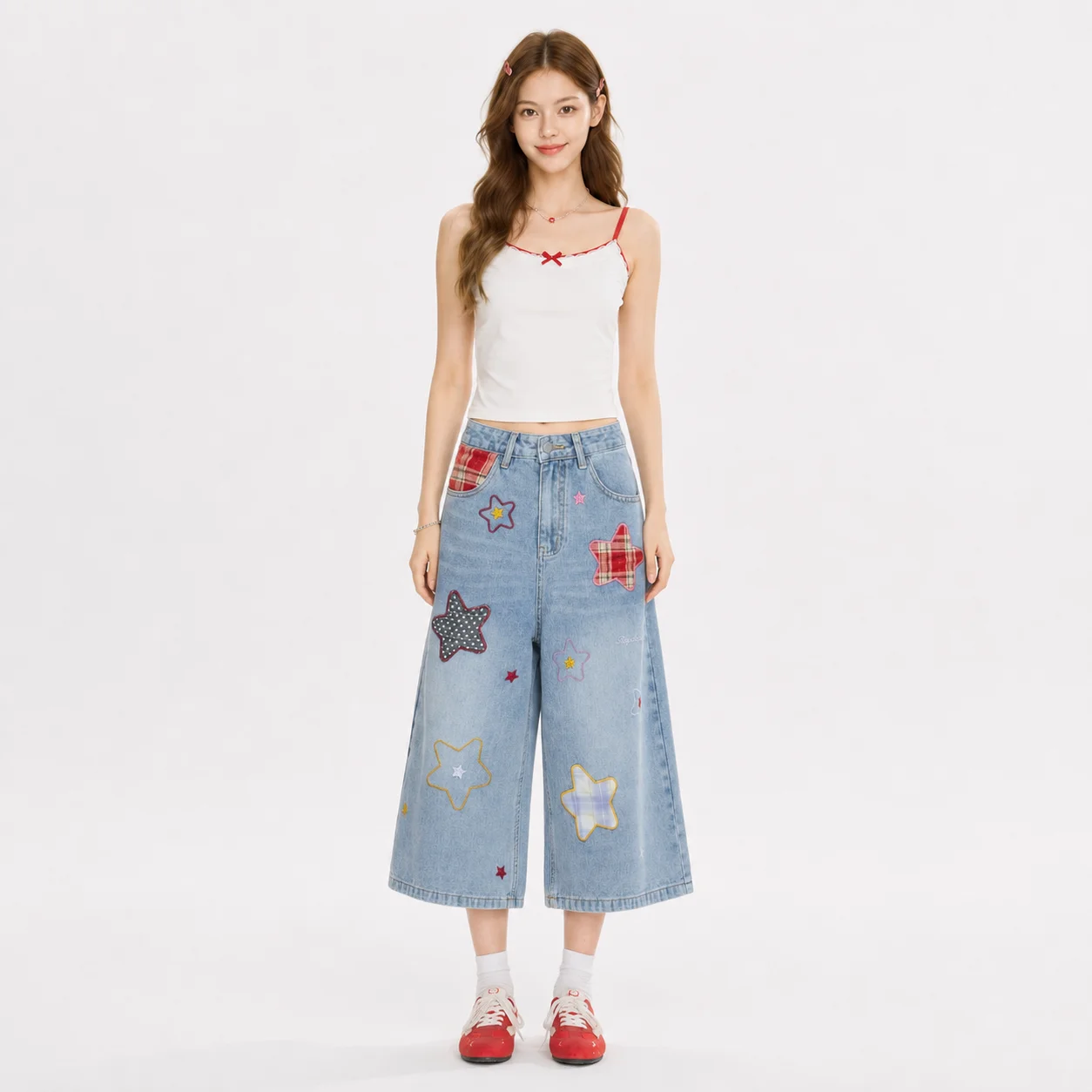 EOENKKY Women Star Patchwork Cropped Wide Leg Jeans Washed Denim Baggy Culotte Pants Y2K Streetwear Blue S-XL