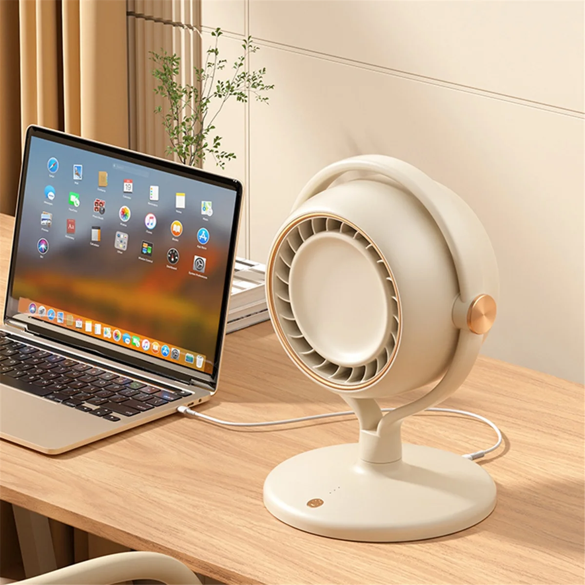 Desktop Fan Multi-Function 2400MAh High-Capacity Lithium Battery High Efficiency Continuous Portable Fan,Beige