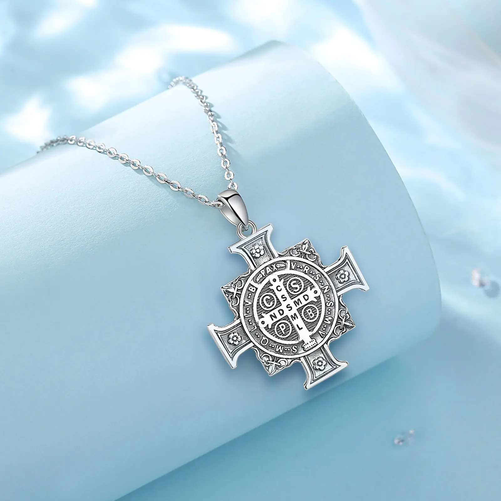 Eudora 925 Sterling Silver saint benedict medal Necklace for Women Man Vintage Cross of san benedict Pendant Religious Jewelry