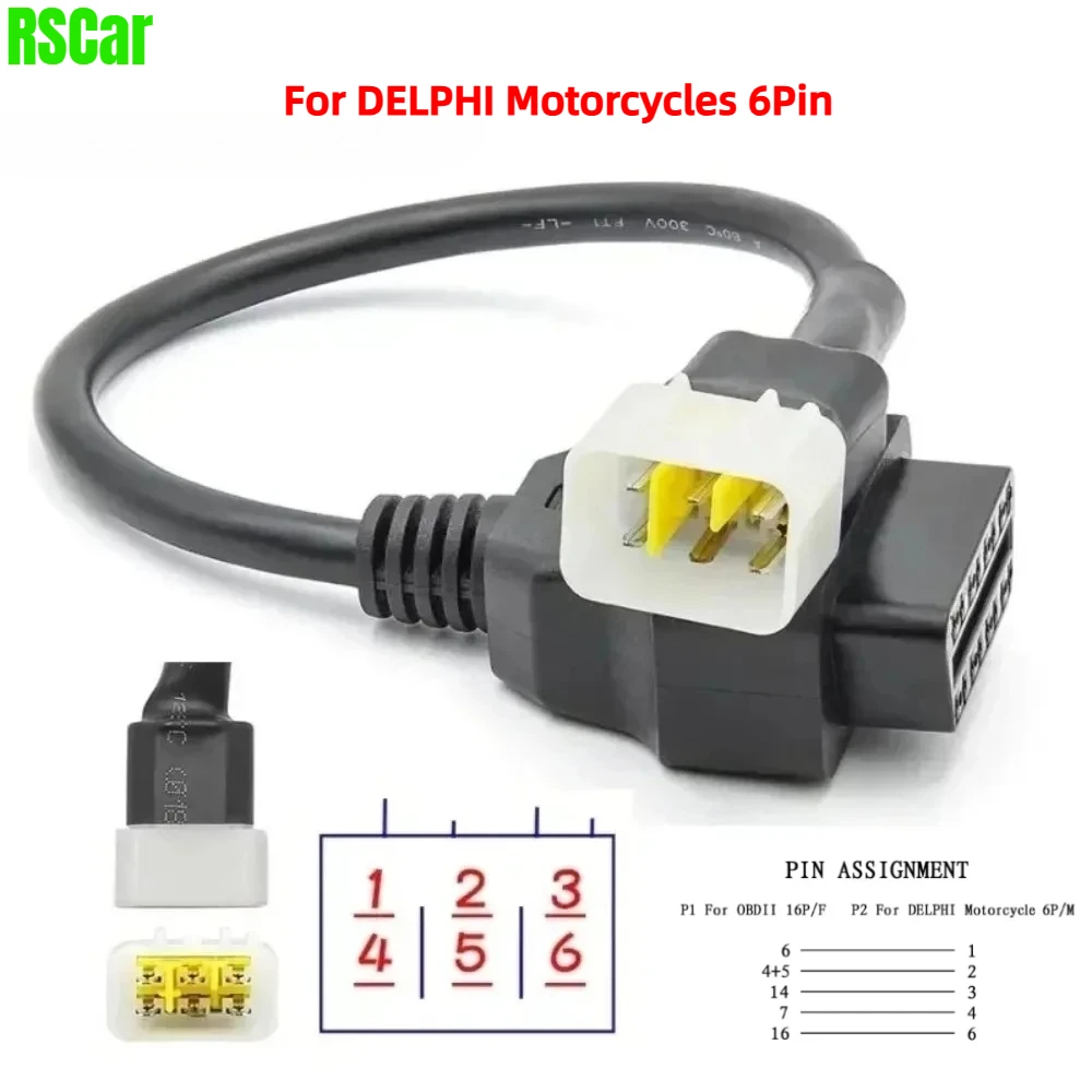 Newest Delphi OBD2 6 Pin To 16Pin Diagnostic Plug Adapter Cable for DELPHI ECUs Motorcycle ATV To 16 Pin OBD Detection Interface