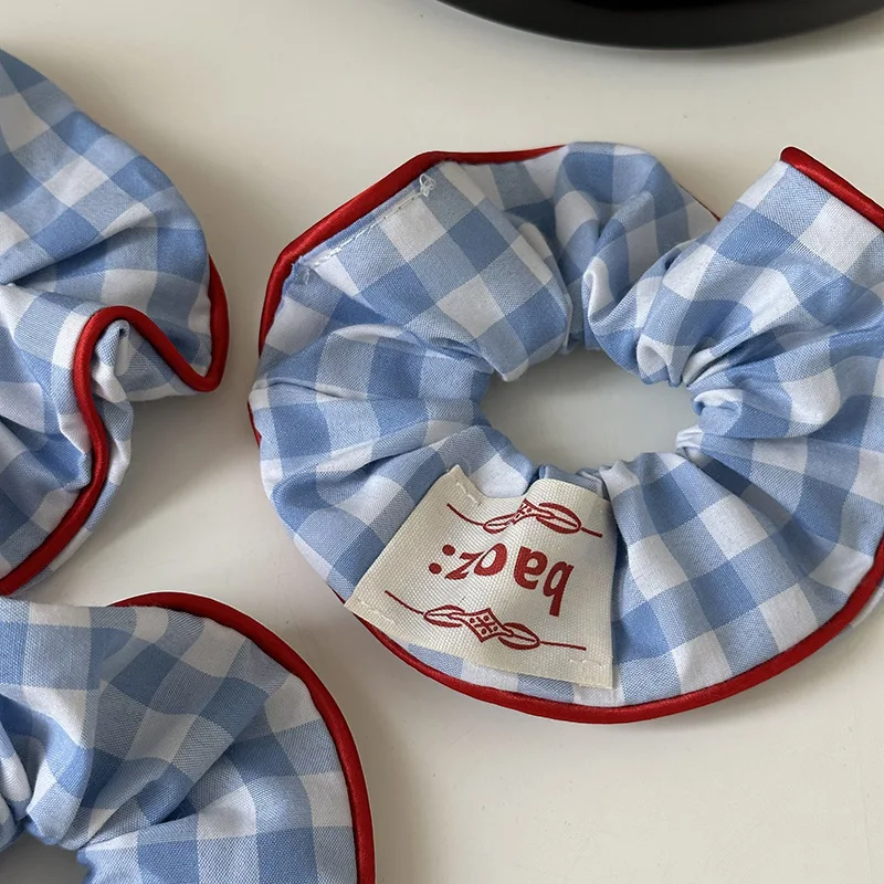 Cute Large Plaid Grid Scrunchies White Blue Color Hair Tie Ponytail Holder Elastic Hair Band Rubber Bands Women Hair Accessories