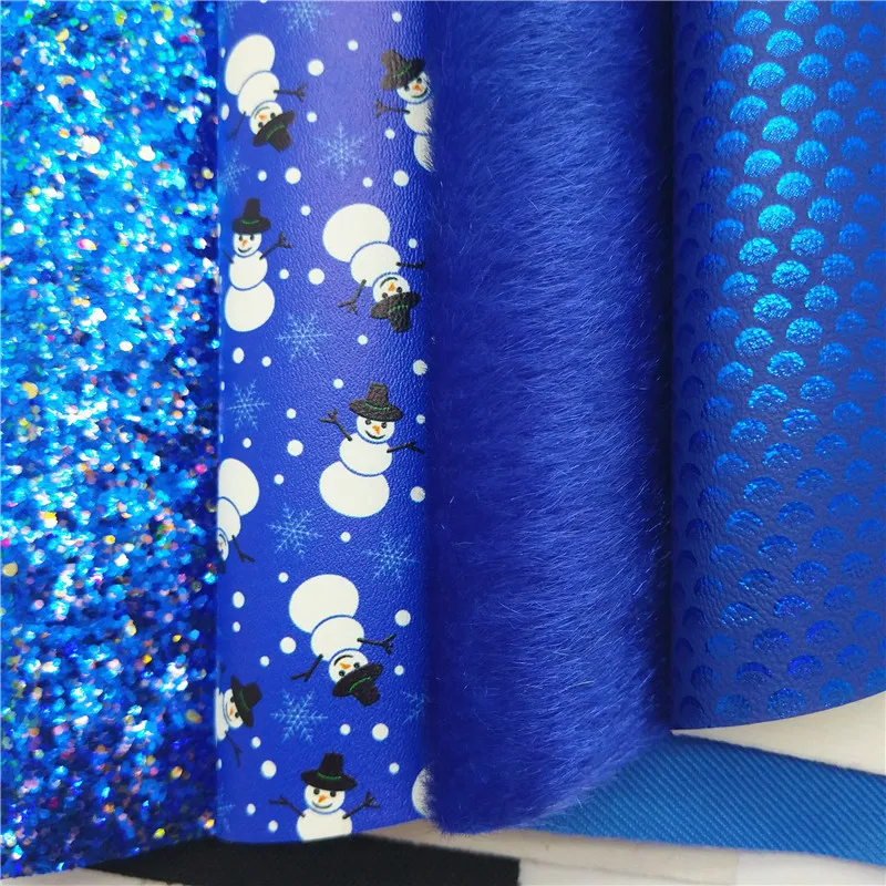 Blue Glitter leather, Immitation Horse Fur Hair Fabric, Snowman Fish Scales Printed Synthetic Leather For Bows DIY 21x29CM Q373