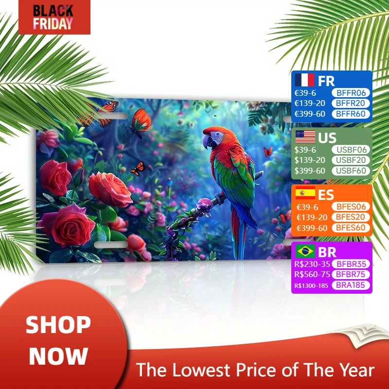 License Plate with Colorful Parrot Design - Scratch Resistant, UV Ink Printed, Non-fading, Decorative Front License Plate