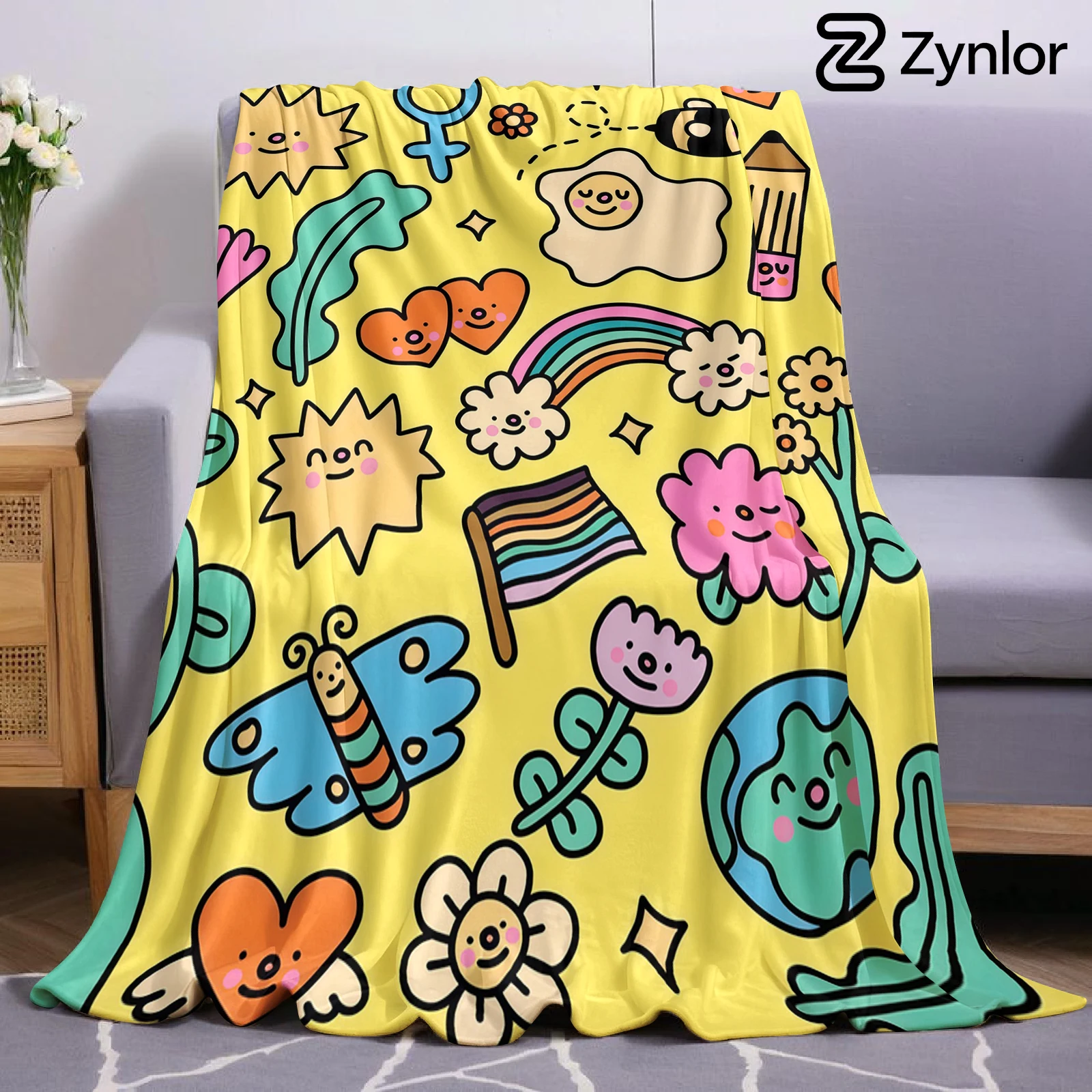 Yellow Doodle Mix Ultra Soft Sherpa Fleece Blanket Fluffy Warm Halloween Cozy Throw for Sofa Couch Bedroom Gift All season