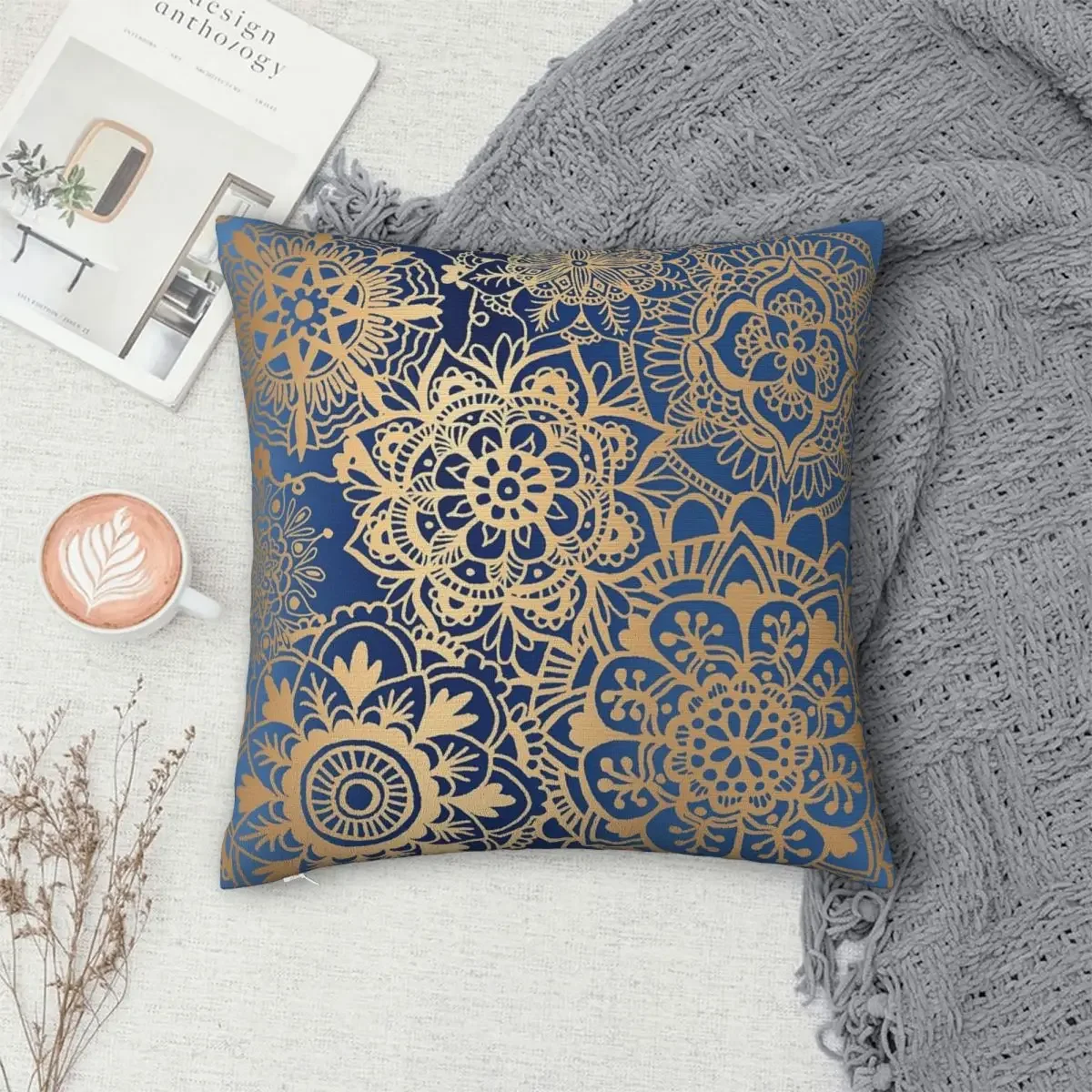 

Blue And Gold Mandala Pattern Pillowcase Polyester Pillows Cover Cushion Comfort Throw Pillow Sofa Decorative Cushions Used