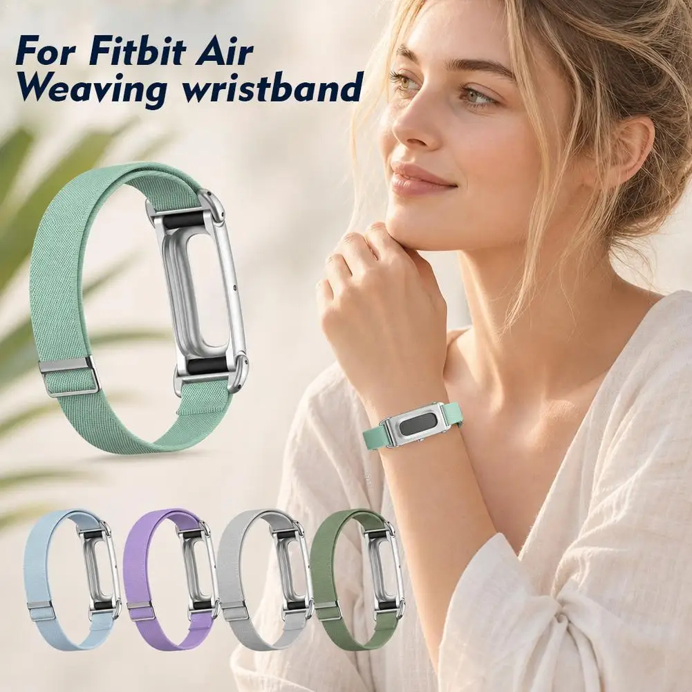 Metal Case Plain Nylon Weave Strap Stepless Adjustable Elastic Braided Band for Google Fitbit Air Fitness Wristband