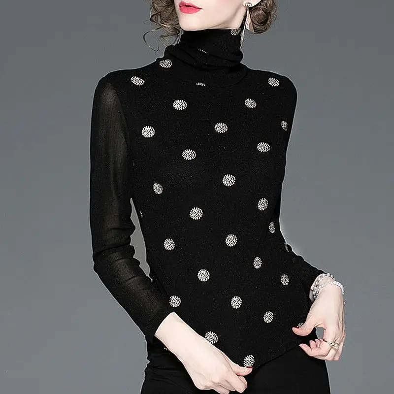 New Autumn and Winter Women\'s Solid Color Turtleneck Long Sleeve Lace Gauze Classic Pullovers Polka Dot Trendy Comfortable Tops