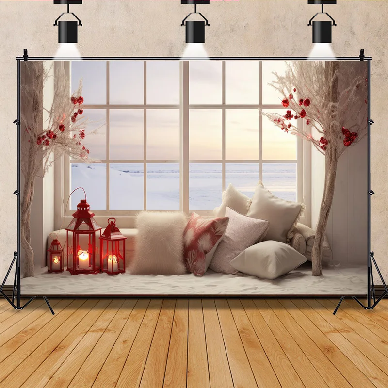 크리스마스 트리 선물 꽃 화환 사진 배경 창 핑크 하우스 문짝 기념일 새해 사진 배경 DRG-01