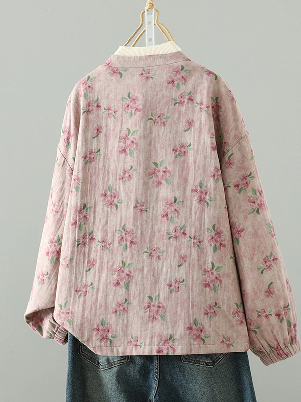 เสื้อคลุมผ้าลินินพิมพ์ลายเรโทร คอตั้งติดกระดุม แขนยาว ไซส์ใหญ่ สำหรับผู้หญิง แฟชั่นฤดูใบไม้ร่วง