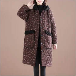 Middle-aged and elderly mothers winter long coat women's cotton-padded jacket with flower coat with hat