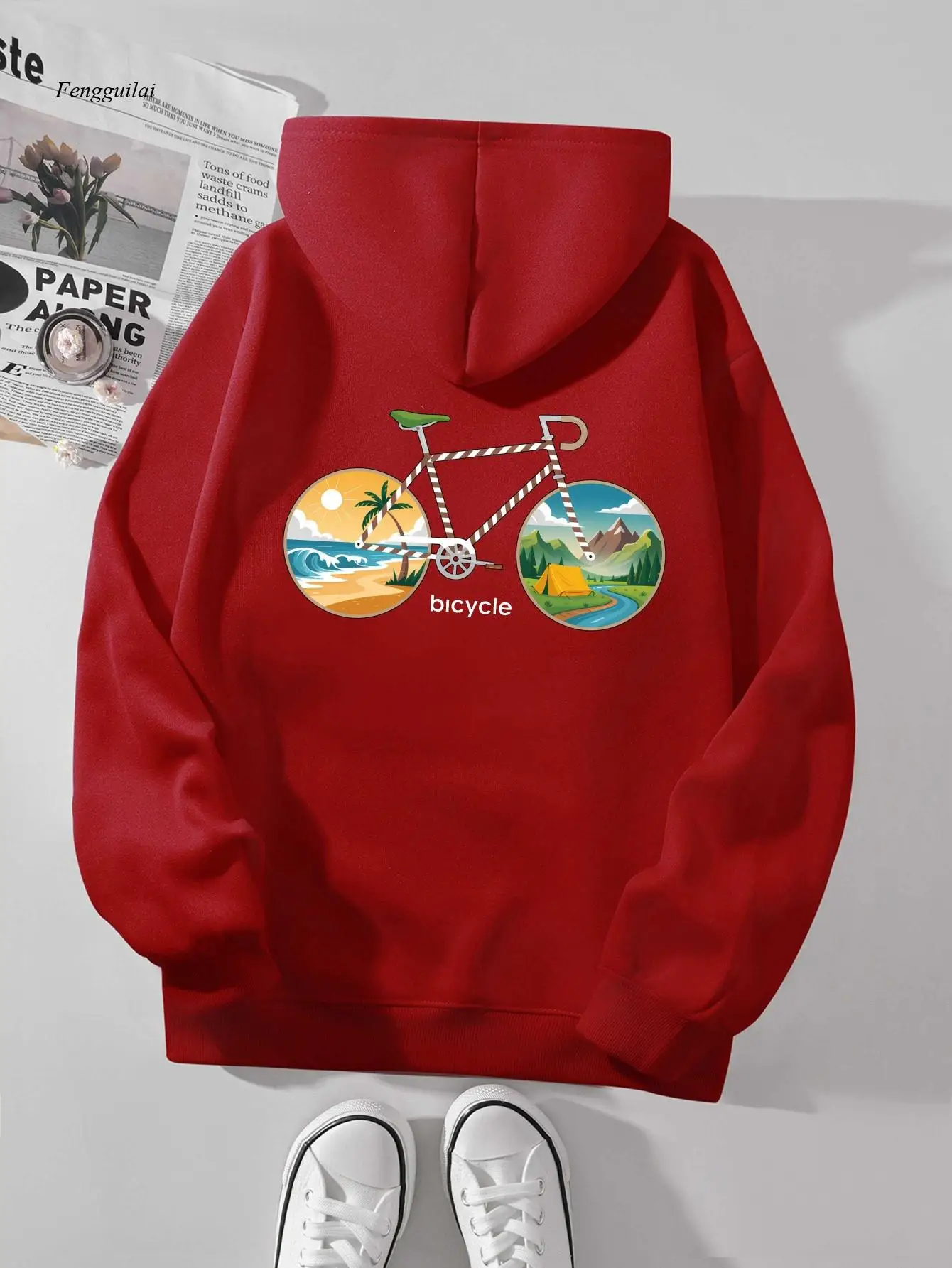 Tian Bicycle Travel Sweat-shirt de style décontracté grande taille pour femme |   Pull à capuche imprimé au dos, long automne et hiver