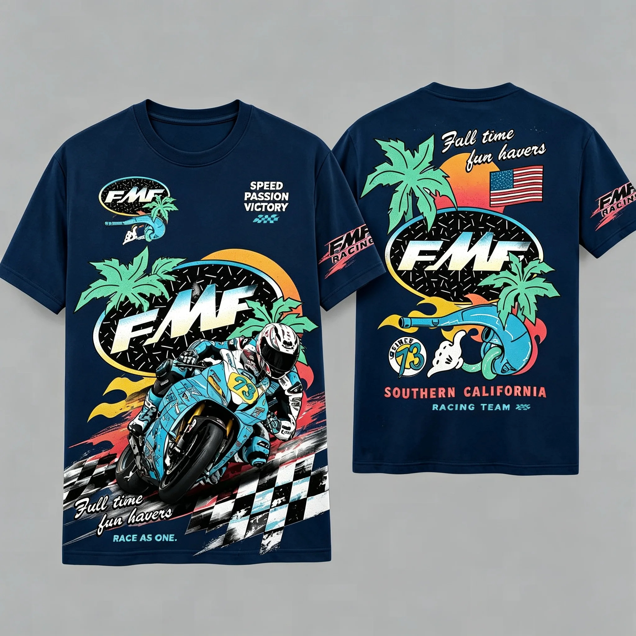 2026 Summer Oversized Cotton T‑Shirt For Adults Kids Retro Moto Racer Palm Tree Sunset Double Sided Print Short Sleeve Tee