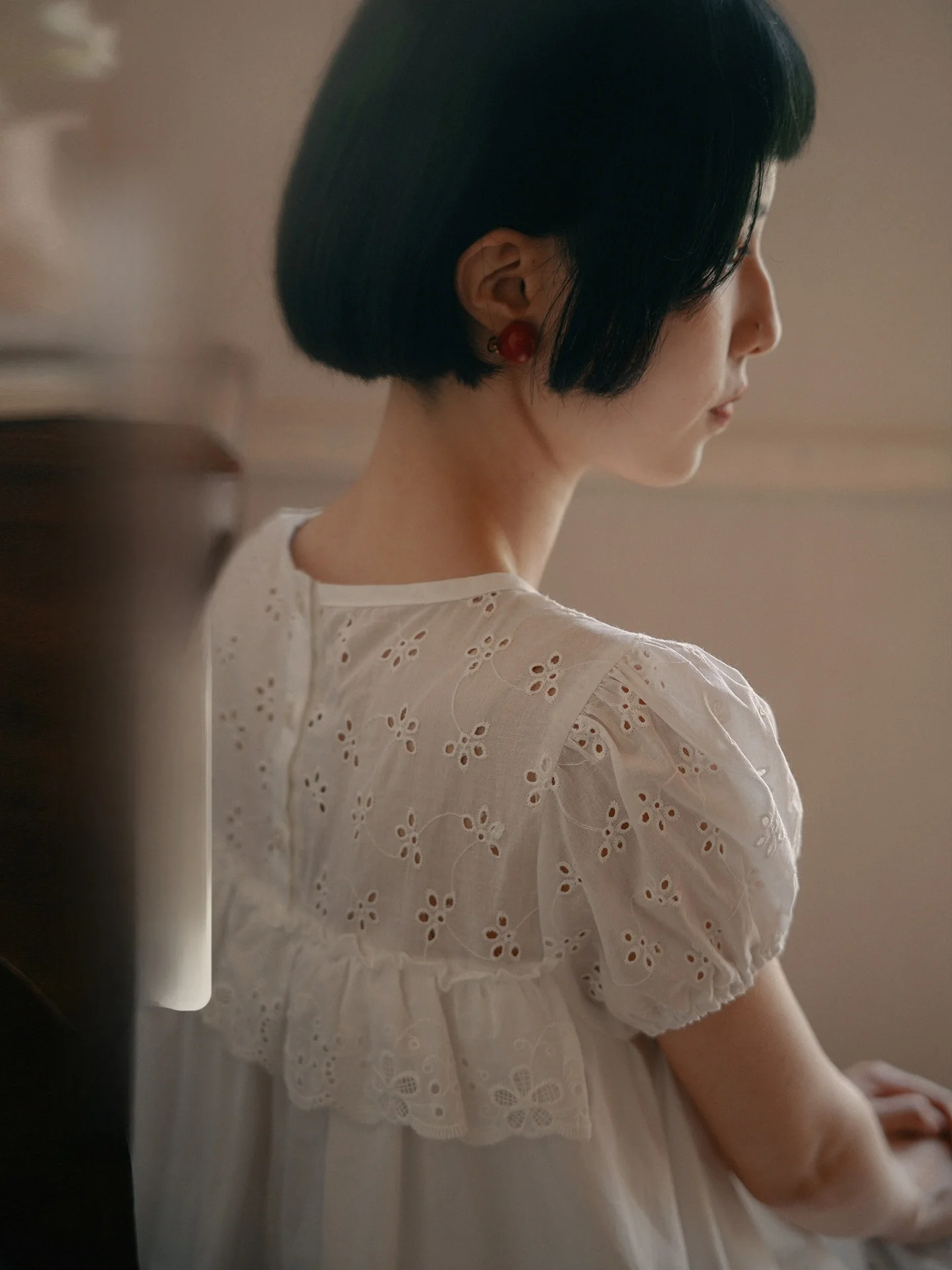 

Retro Sle Embroidered Hollow out ort Sve Floral Print irt Loose Fit Cotton Summer Breathable Women's round Ne Top