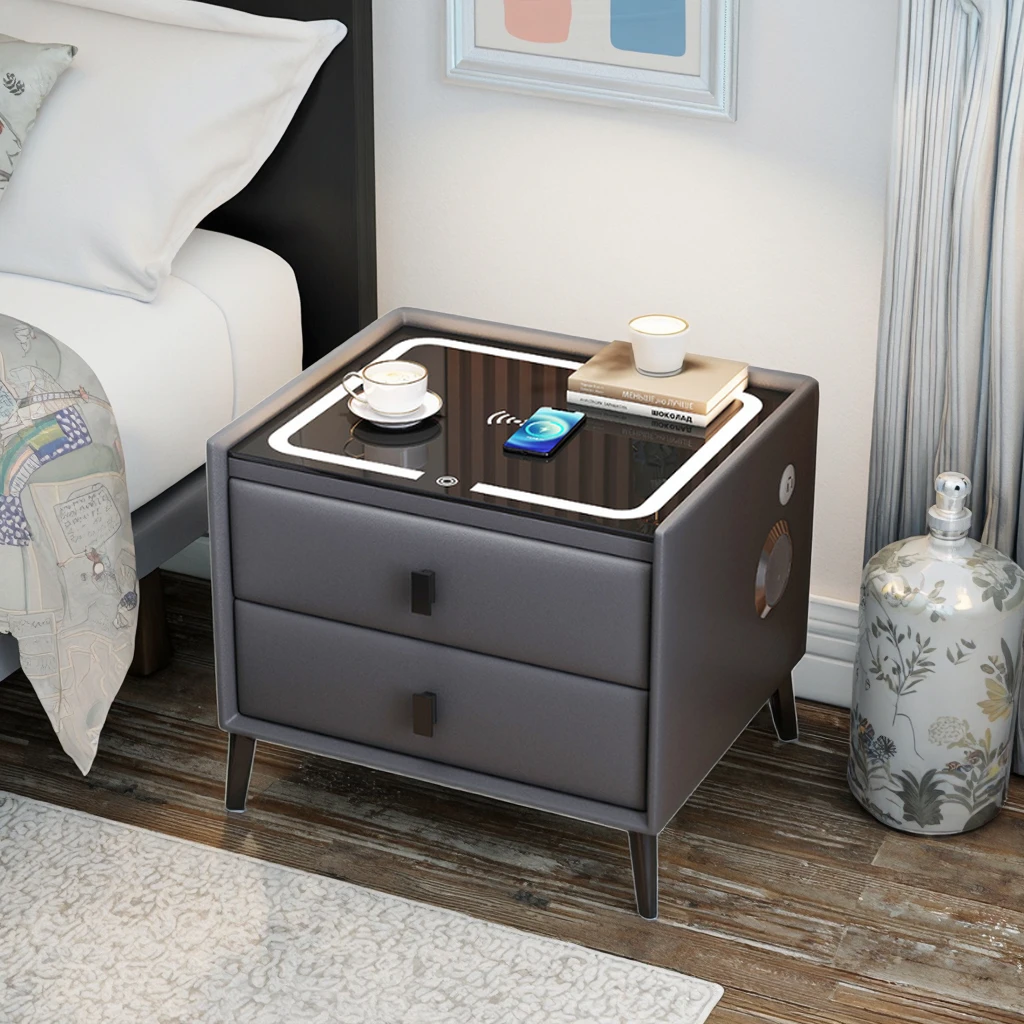 Nowoczesny inteligentny stolik nocny z ekranem dotykowym, oświetleniem LED i szufladą do przechowywania, meble do sypialni.