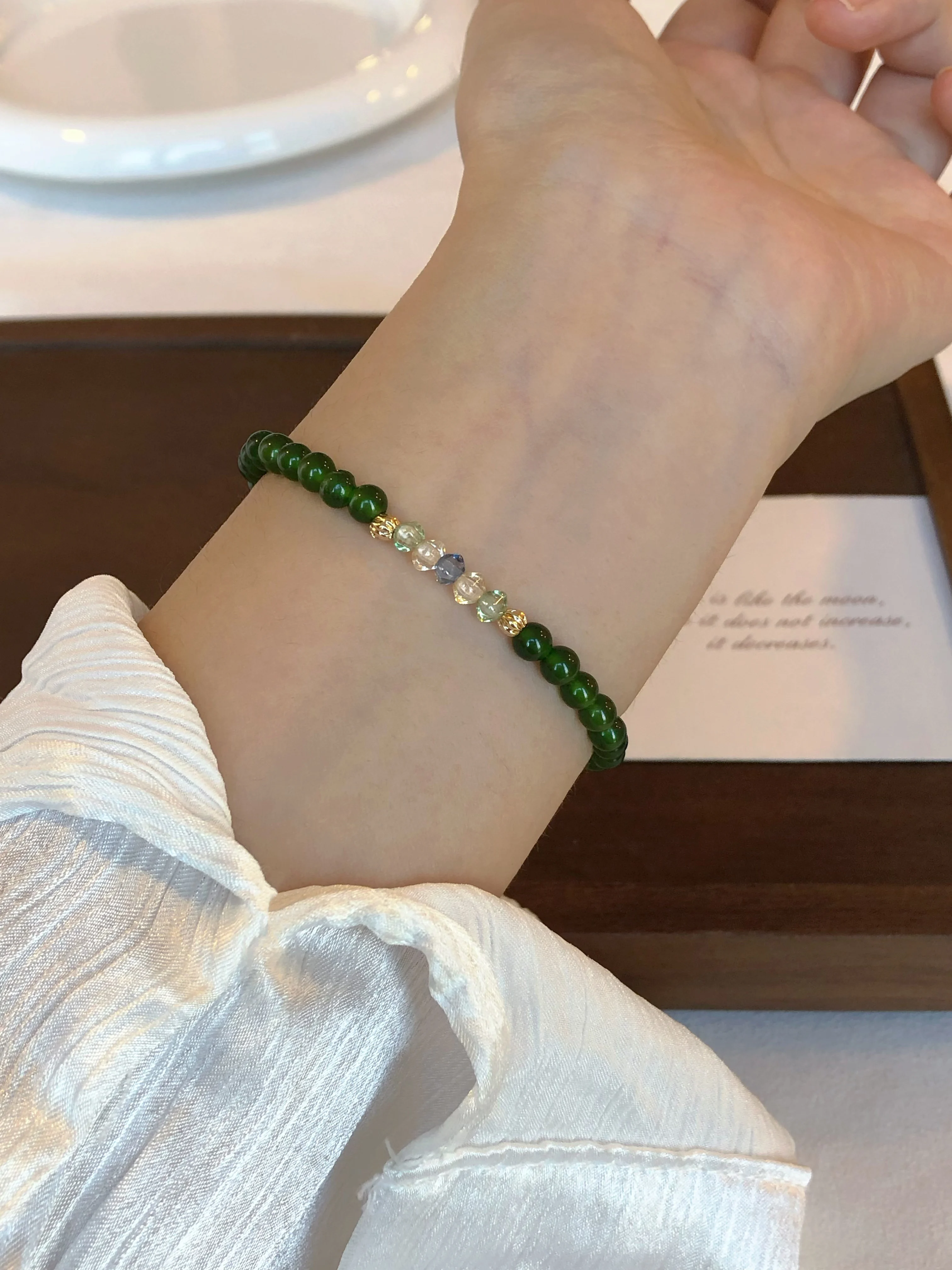 Jade Agate Colorful Bracelet with Popping Czech Beads Spinel Green Enhances Skin Tone Elegant Bangle