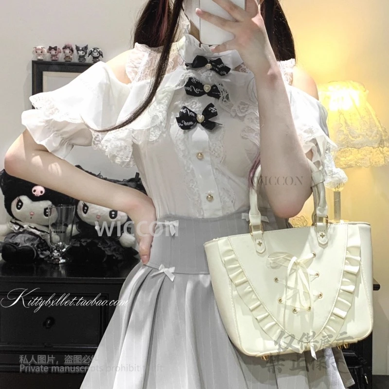 منجم النمط الياباني 3-ألوان الدانتيل لوليتا فستان موضة خارج على الكتف قصيرة الأكمام القوس قميص ملابس النساء Y2K Jirai Kei الطرف