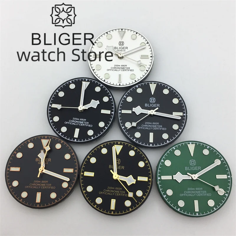 BLIGER 29mm tarcza czarna szaro-zielona niebieska biała taśma tarcza wskaźnik zielony świecący Fit NH35 NH36 ETA2824 PT5000 Miyota DG ruch