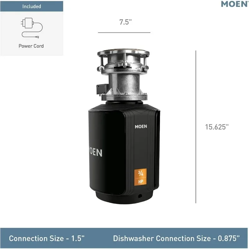 Moen Host Series Disposer with Control Activation 3/4 HP Garbage Disposal with Sound Reduction, Power Cord Included, GXB75C