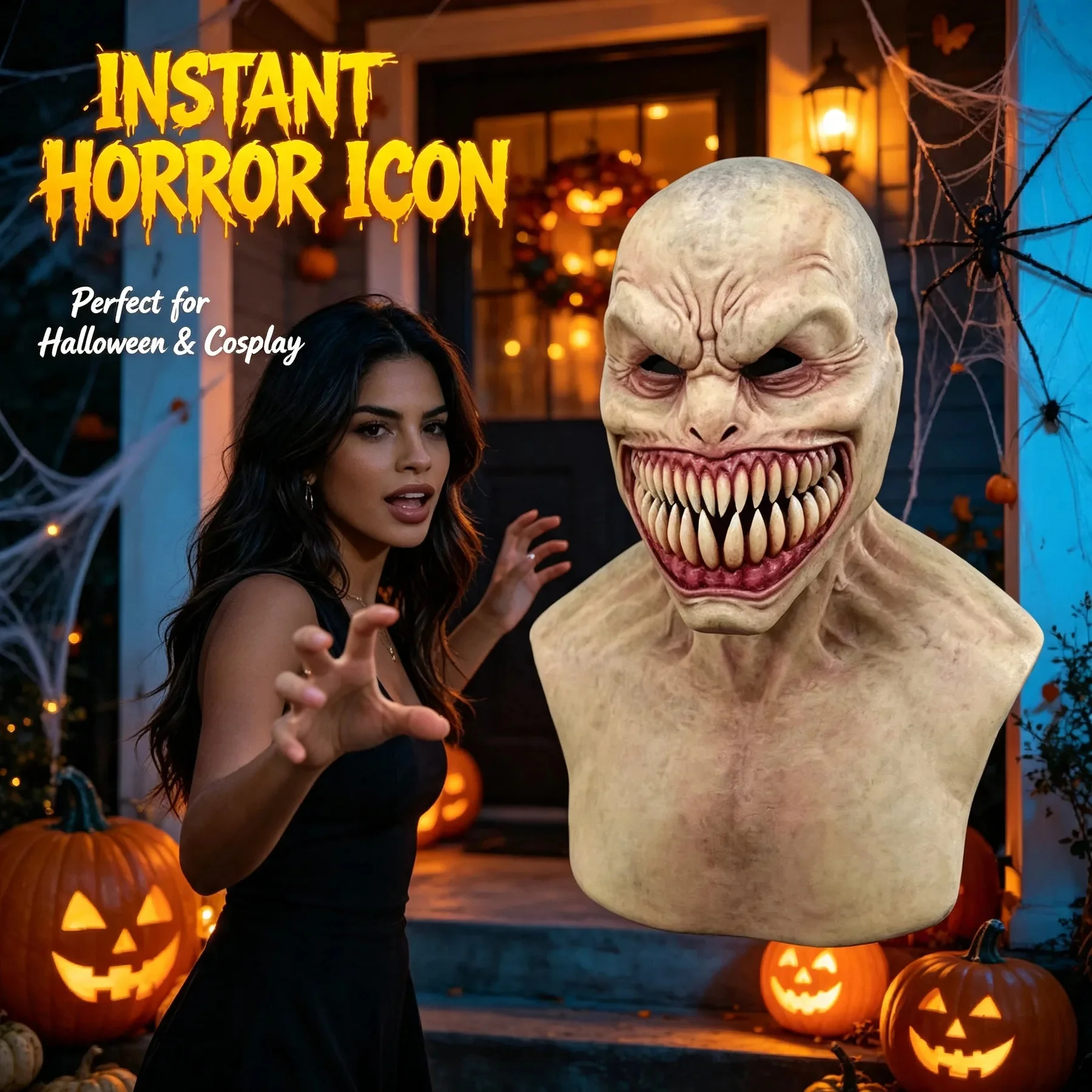 Halloween Monster Full Head Mask Scary Horror Demon Latex Headgear Sharp Teeth Cosplay Costume Haunted House Party Decor Prop