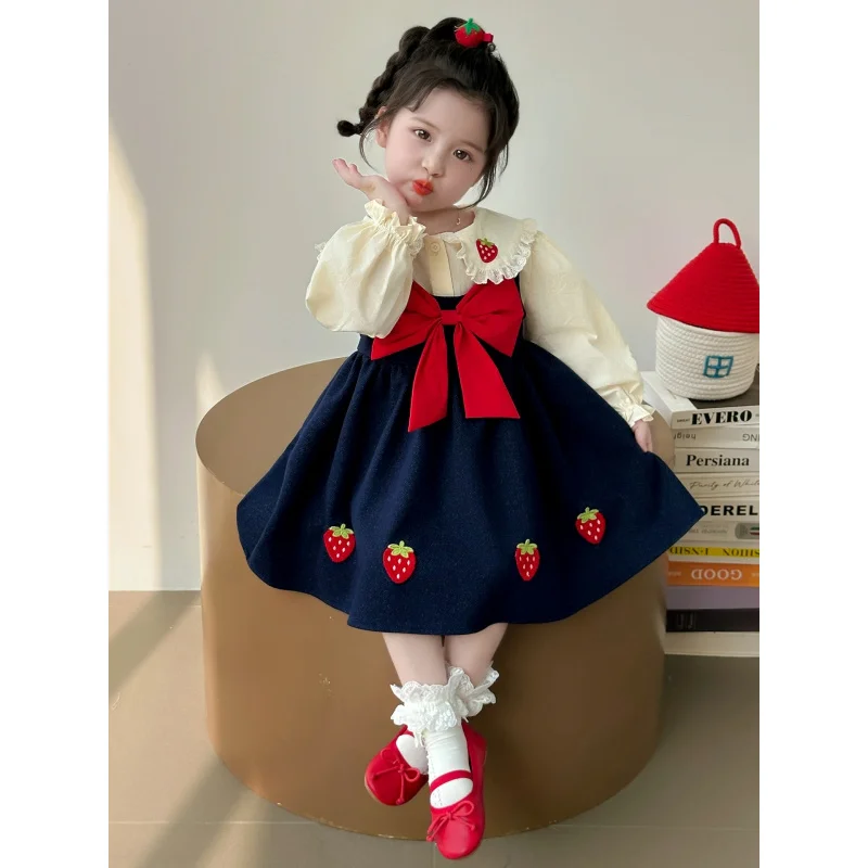 

Girls Autumn Strawberry Dress Two-piece Set2025New stylish princess dress children's clothing wholesale