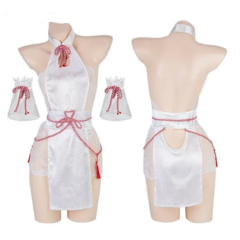 White Lace See Through High Split Cheongsam Women Sexy Lingerie Backless Mini Dress with Panties and Gloves Set Porn Costumes