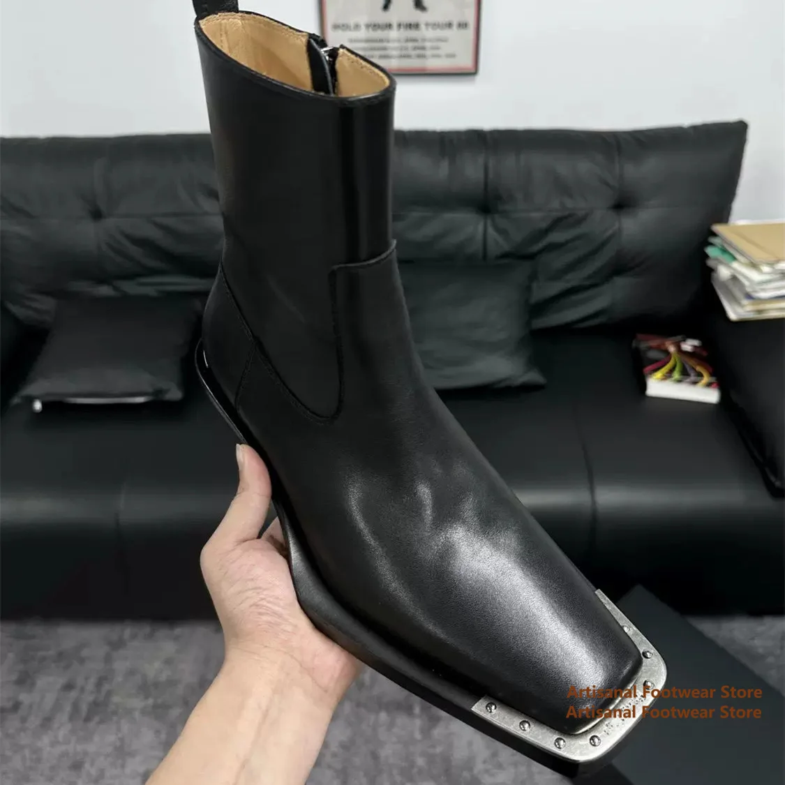 Men Square Toe Metal Decor Ankle Chelsea Boots Side Zipper Black Leather Boot Punk Rivet Metal Plate Toe Fashion Boots