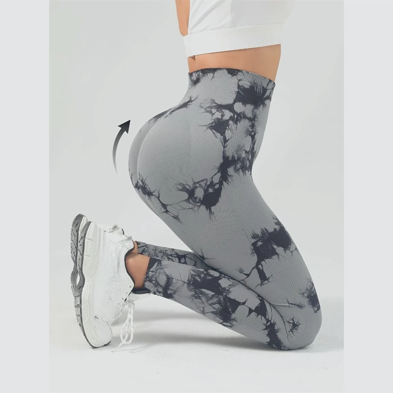 Pantalones invisibles con entrepierna para mujer, pantalón de Yoga sin costuras con estampado blanqueador de corbata, cintura alta, levantamiento de cadera, deportes, correr, moda Sexy
