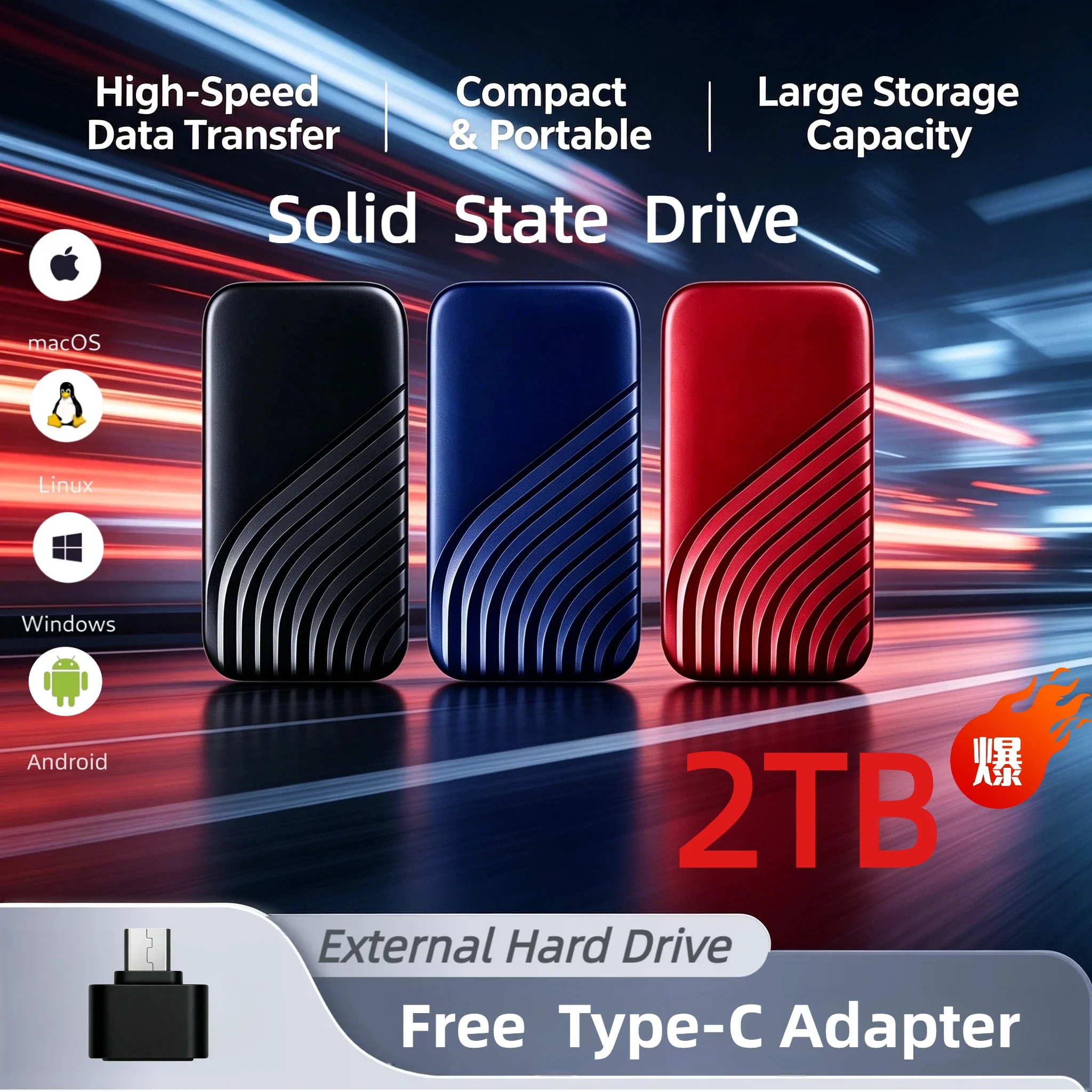 Genuine 2TB External Portable SSD USB 3.1 Type C Fast Backup Solid State Drive for Mac Laptop PC Phone Hard Disk Pro Max