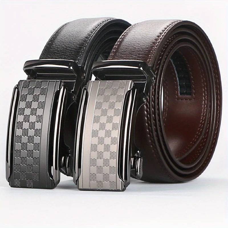 Business Men's Automatic Buckle Cowhide Belt, Ratchet Dress Belt, Genuine Leather Cowhide Men's Belt