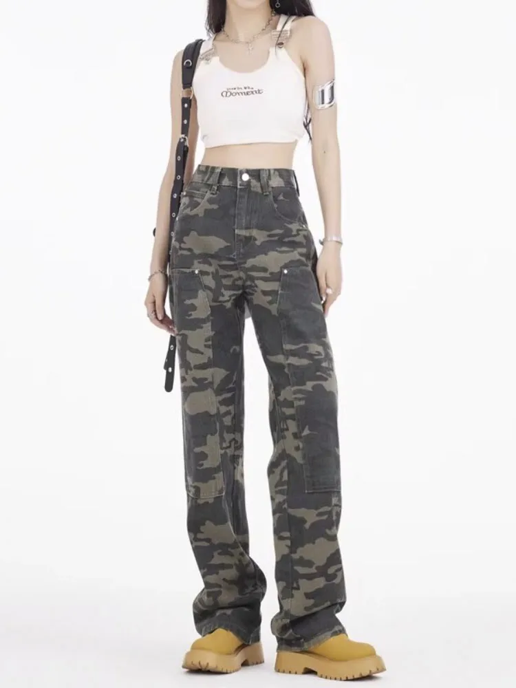 

Camouflage Straight Leg Jeans Women's Fashion High-waisted Washed Vintage Parachute Pant Chic Streetwear Denim Trousers