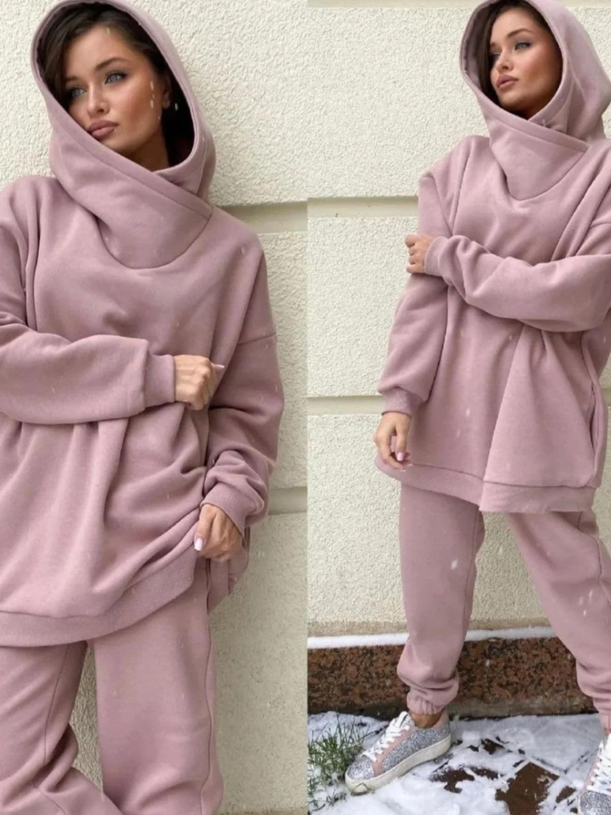 

Новый модный однотонный комплект: свободная толстовка с капюшоном и длинными рукавами, женские длинные брюки, повседневный спортивный костюм из двух предметов