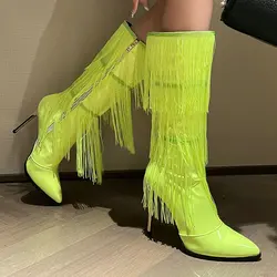 Patent PU Leather Bright Neon Yellow Color Pointed Toe Super Thin High Heels Women Shoes Knee High Boots With Fringes Tassels