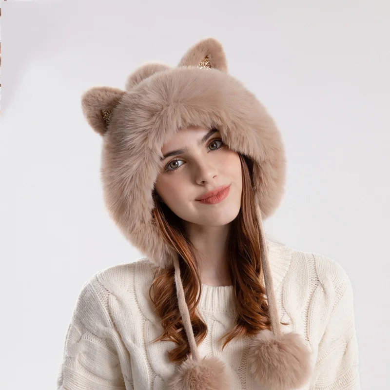 

Winter Cute Warm Fluffy Knitted Hats for Women Cartoon Cat's Ears Two Balls Earflap Cap Plush Thicken Female Fur Beanie Hat