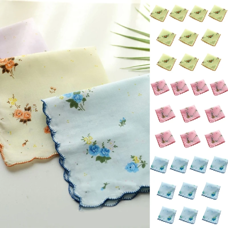 Cotton Women Hankies Embroidered Cotton Flower Hanky Florals Cloth Handkerchief Reusable Sweat Bandana 10Pcs