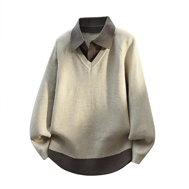 2025 Autumn Winter Men Patchwork Sweater Men Warm Pullover Male Polo Collar Knitted Sweater Male Casual Black Undershirt