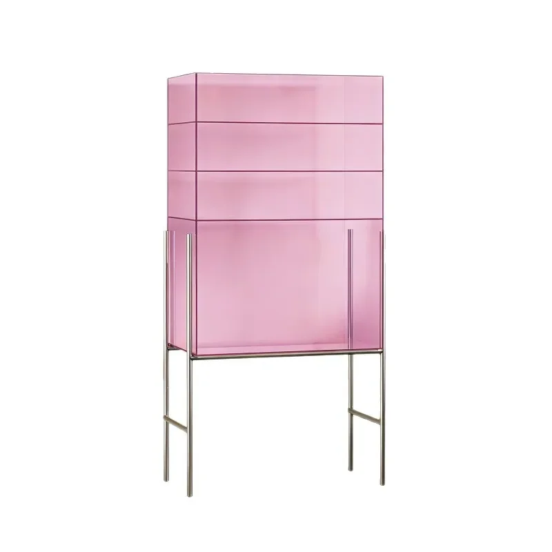 Pink Acrylic Floor to Ceiling Display Rack Stainless Steel Multi Tier Bookshelf Living Room Storage Cabinet Customizable