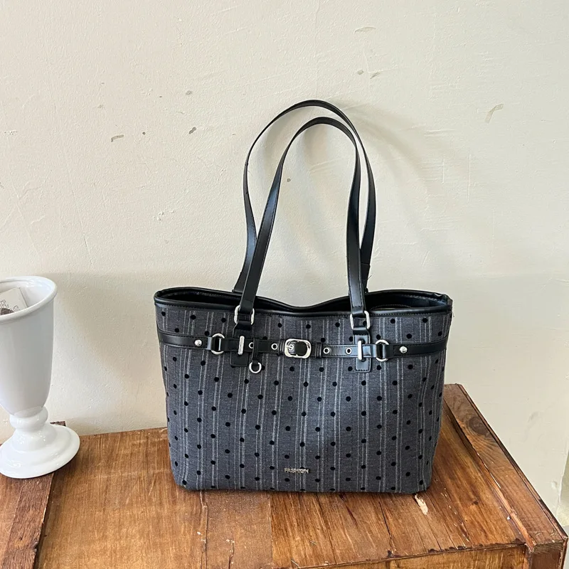 Retro Polka Dot Striped Tote for Women, Large Capacity Shoulder Handbag with Belt Buckle Detail, Casual Daily Commute Purse