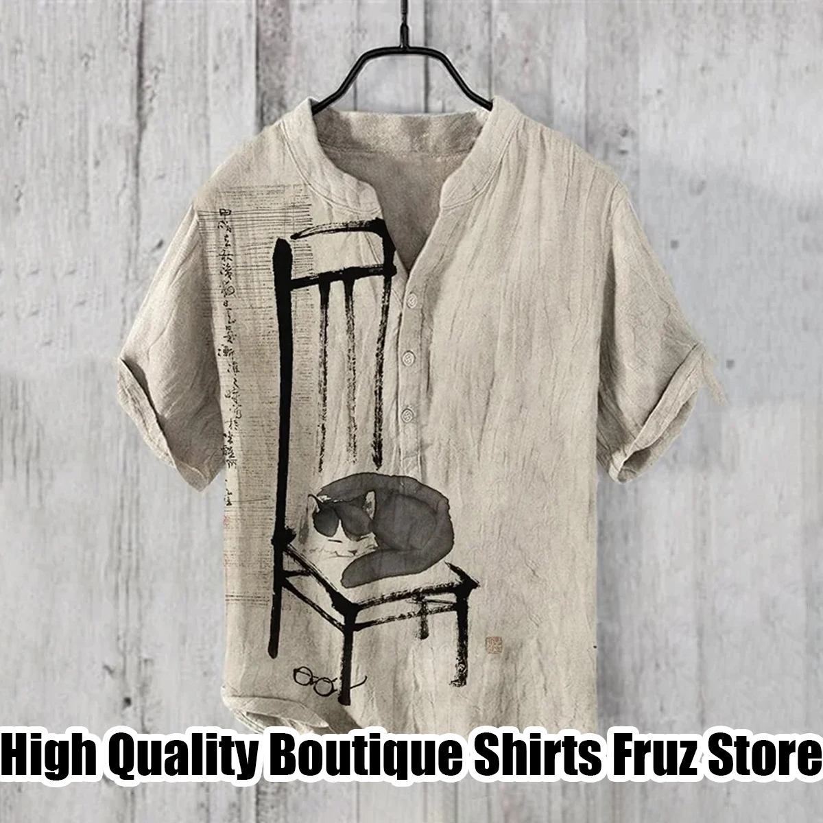 New casual V-neck short-sleeved shirt cat wave art style comfortable loose trend shirt Hawaiian holiday shirt beach style