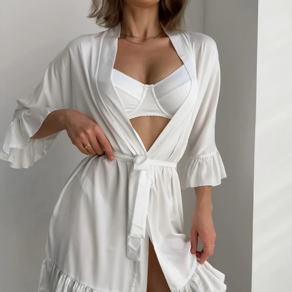 

Женский комплект Hiloc из 3 предметов: белое атласное белье, пижамный комплект, халат с рюшами, бюстгальтер, стринги, элегантная одежда для сна, летняя домашняя одежда 2026