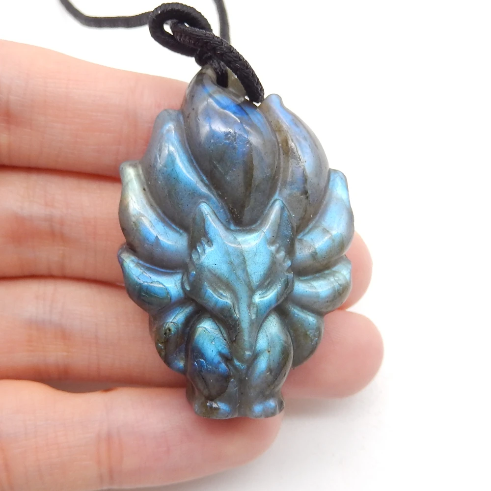 Natural Labradorite Hand Carved Nine-Tailed Fox Pendant Bead,Semiprecious Fashion Jewelry Necklace Accessories Gift