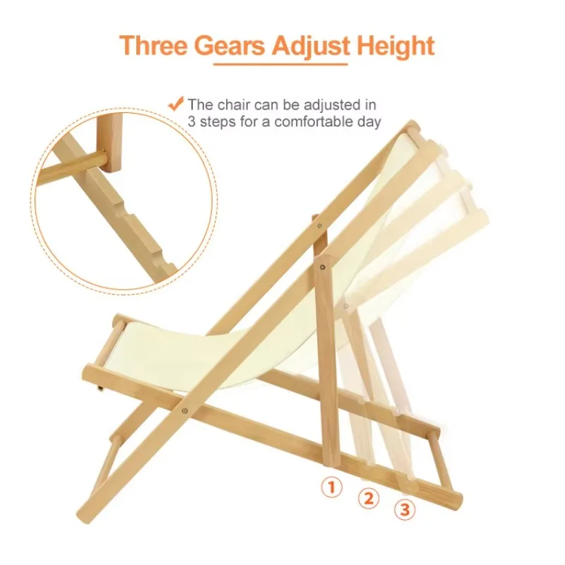 

Adjustable Deck Chair Beach Folding Wooden Beach Chair Canvas Camping BBQ Fishing Chair Custom Logo