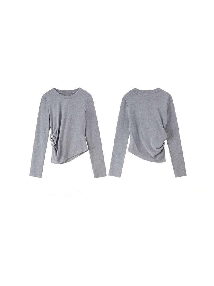 SENTUBILA Long-Sleeve T-shirt for Woman 2025 Autumn Design O-Neck Contrast Color Knit T-shirt Button Accent Tops 153TA2685