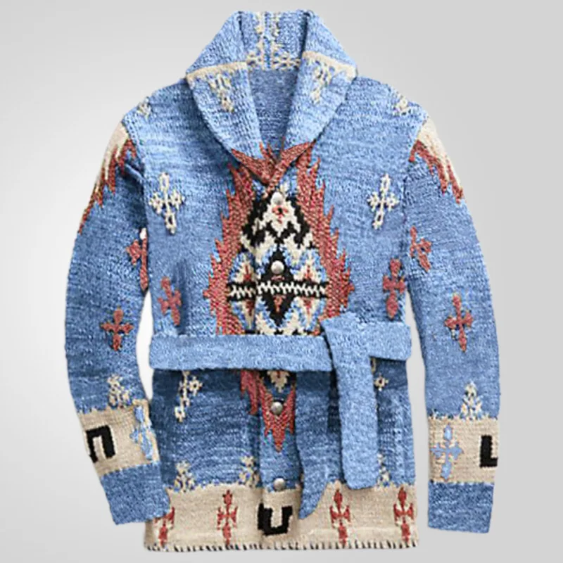 

Men's American Retro Fashion Heavy Jacquard Knitwear Autumn Winter Gentleman Outdoor Medium Long Thick Casual Sweater Coat