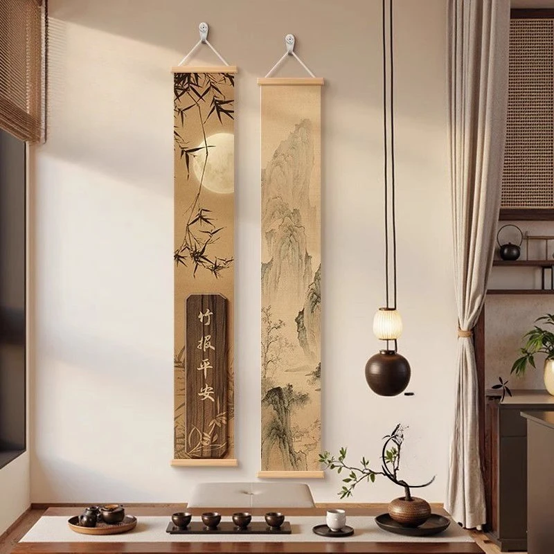 

Vintage Karesansui Tapestry Wall Hanging - Zen Bamboo Rock Enso Circle for Tea Room & Hallway, Japanese Ink Landscape Decor