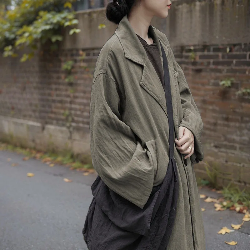 UMI MAO Retro Heavy Trench Coat Women  Artistic Casual Coat Autumn And Winter Cotton Linen High Texture Lapel Female Coat