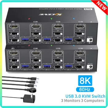 USB 3.0 KVM Switch 3 Monitors 3 Computers, 8K@60Hz,4K@144Hz Triple Monitor KVM With 4 USB 3.0 Ports HDMI-Compatible 2 in 2 out